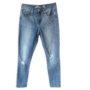 Seven7 Women's Mid Rise Skinny Jeans Pearl Embellished Blue Size 8